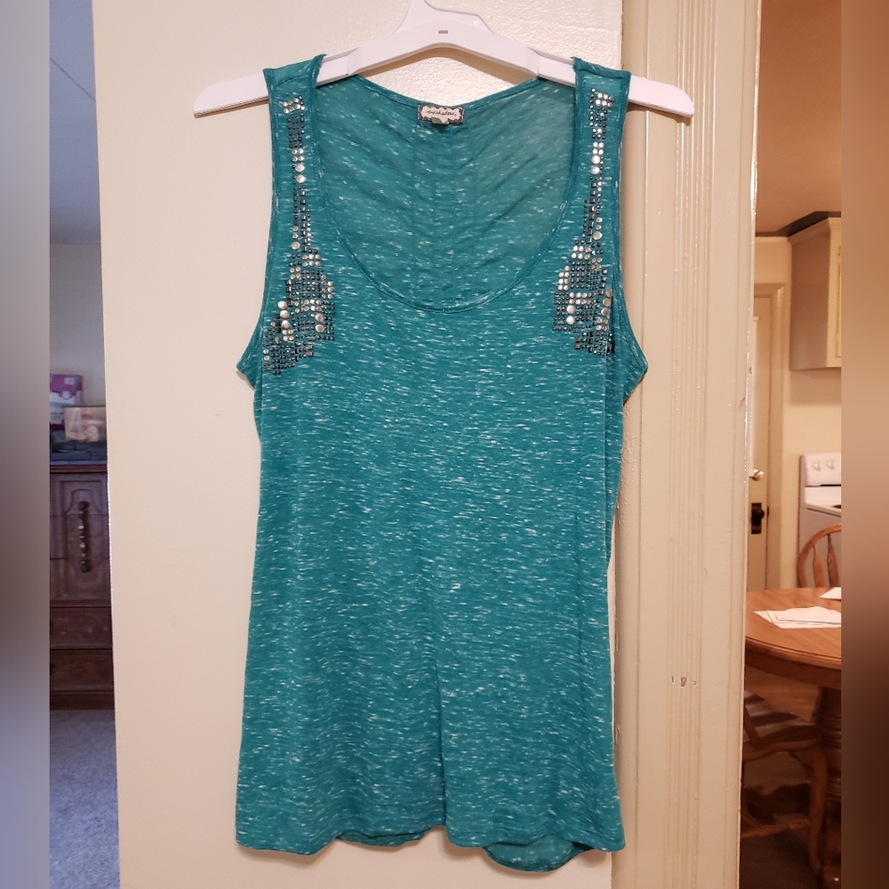 Eyeshadow stretchy teal & rhinestone BLING tank top size XL in great condition